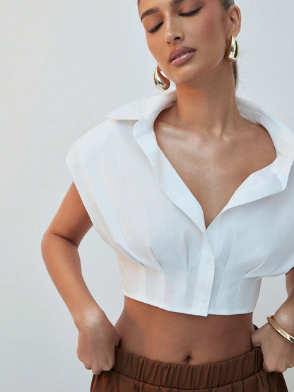 Hauture Women's White Summer Elegant Brunch Sleeveless Blouse,Cropped Shoulder Pad Detail Pleat Shirt,Old Money Style,Cocktail Party Going Out,Minimalist Chic