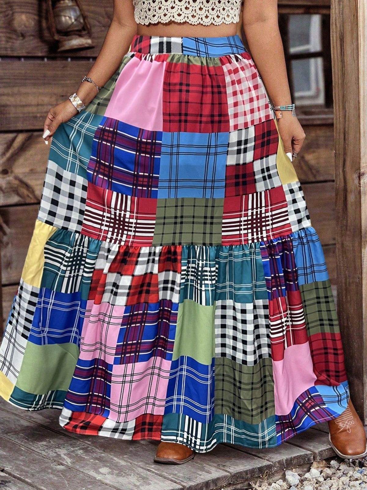 Holiday Chic Bohemian Plaid Print Patchwork Elastic Waist Waist Side Pocket Half Skirt.
