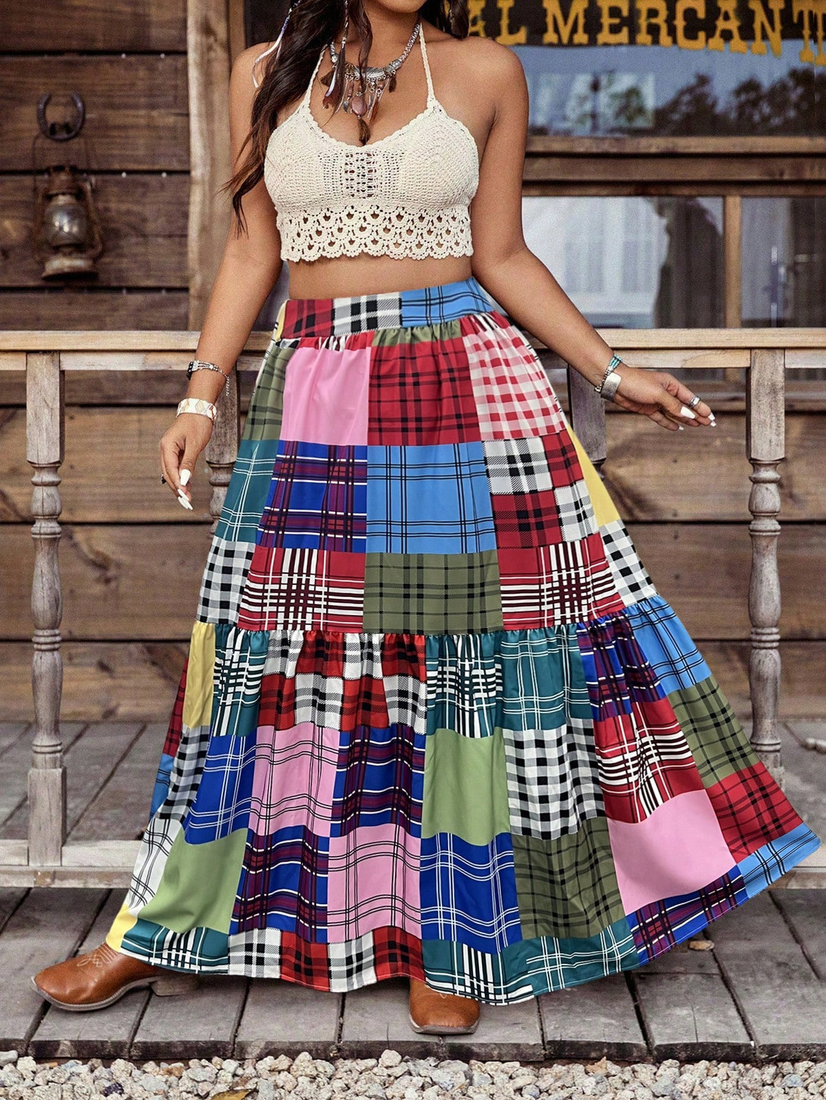 Holiday Chic Bohemian Plaid Print Patchwork Elastic Waist Waist Side Pocket Half Skirt.