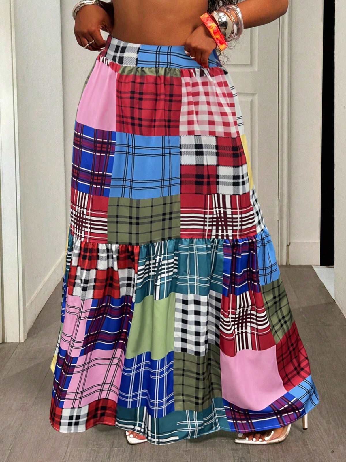 Holiday Chic Bohemian Plaid Print Patchwork Elastic Waist Waist Side Pocket Half Skirt.