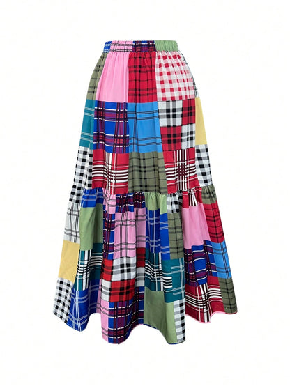 Holiday Chic Bohemian Plaid Print Patchwork Elastic Waist Waist Side Pocket Half Skirt.
