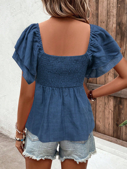 Holidaya Square Collar Crop Top With Ruched Hem And Layered Flutter Sleeves In Black Peplum Top