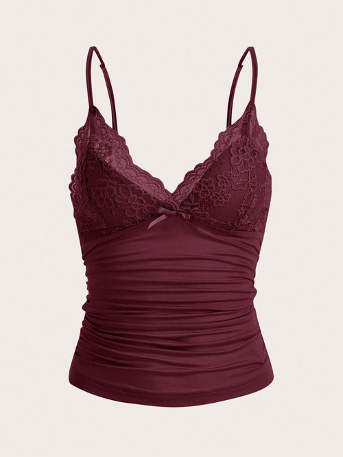 ICON Elegant Solid Contrast Lace Ruched Y2k Cami Top