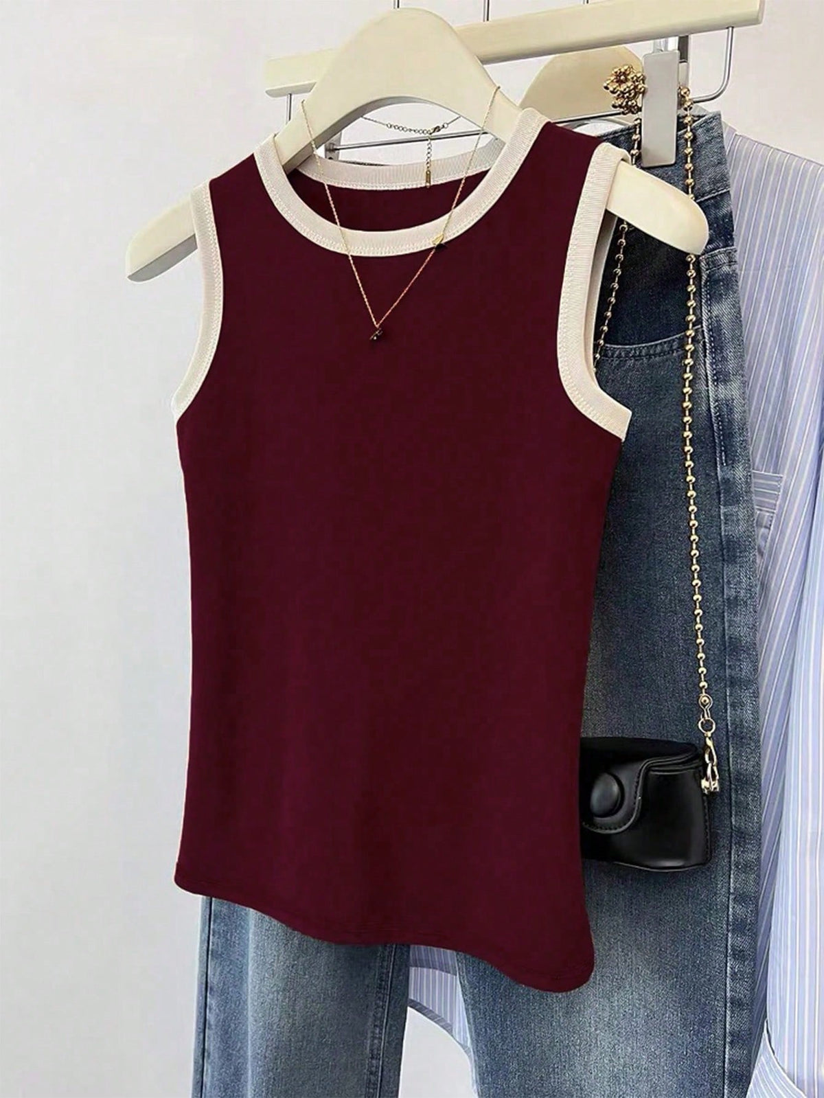 INAWLY Burgundy Sleeveless Women Round Neck Basic Tank Top