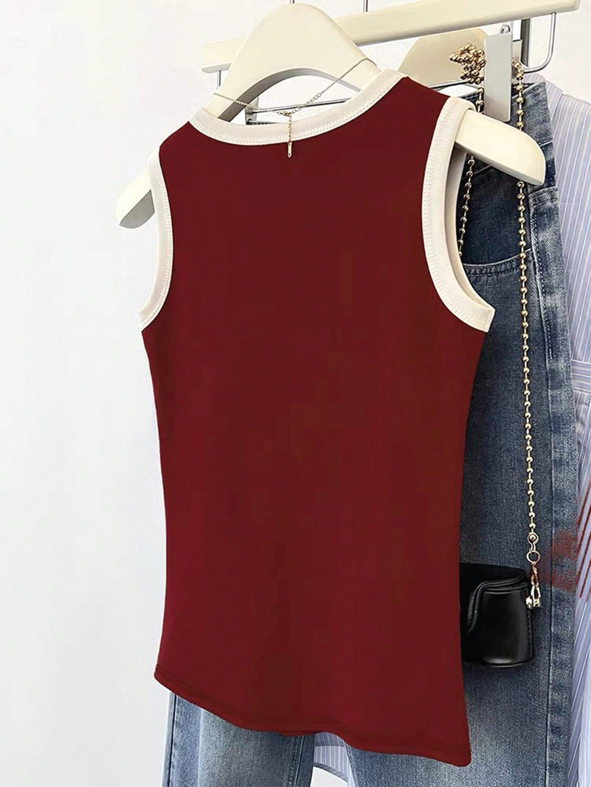 INAWLY Burgundy Sleeveless Women Round Neck Basic Tank Top
