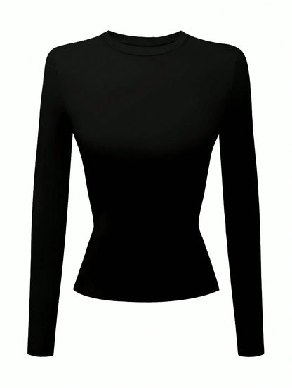 INAWLY Women's Solid Black Crew Neck Long Sleeve Simple T-Shirt, Casual Everyday Wear Fall Cloth For Women