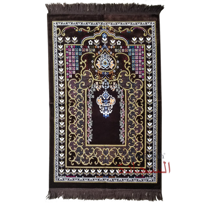 Islamic Prayer Carpet - Dark Brown Colorful Mehrab Flowers Ja Namaz Salah Carpet Embossed Velvet Seccade