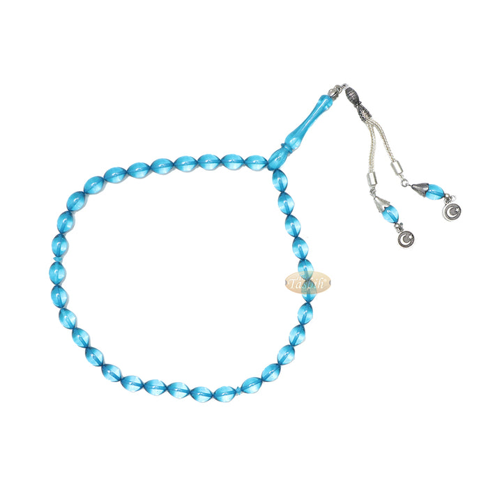 Islamic Symbol Tasbih Blue 33-Ct Acrylic 7x11 mm Oval Turkish Dhikr Prayer Beads