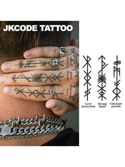 JKCODE TATTOO Ancient Viking And Peace Hieroglyphic Tattoos With "Love" And "Strong Bond" Meaning, Rockstar Finger/Hand/Neck Temporary Tattoos, Unisex, Long-Lasting Waterproof For 15 Days