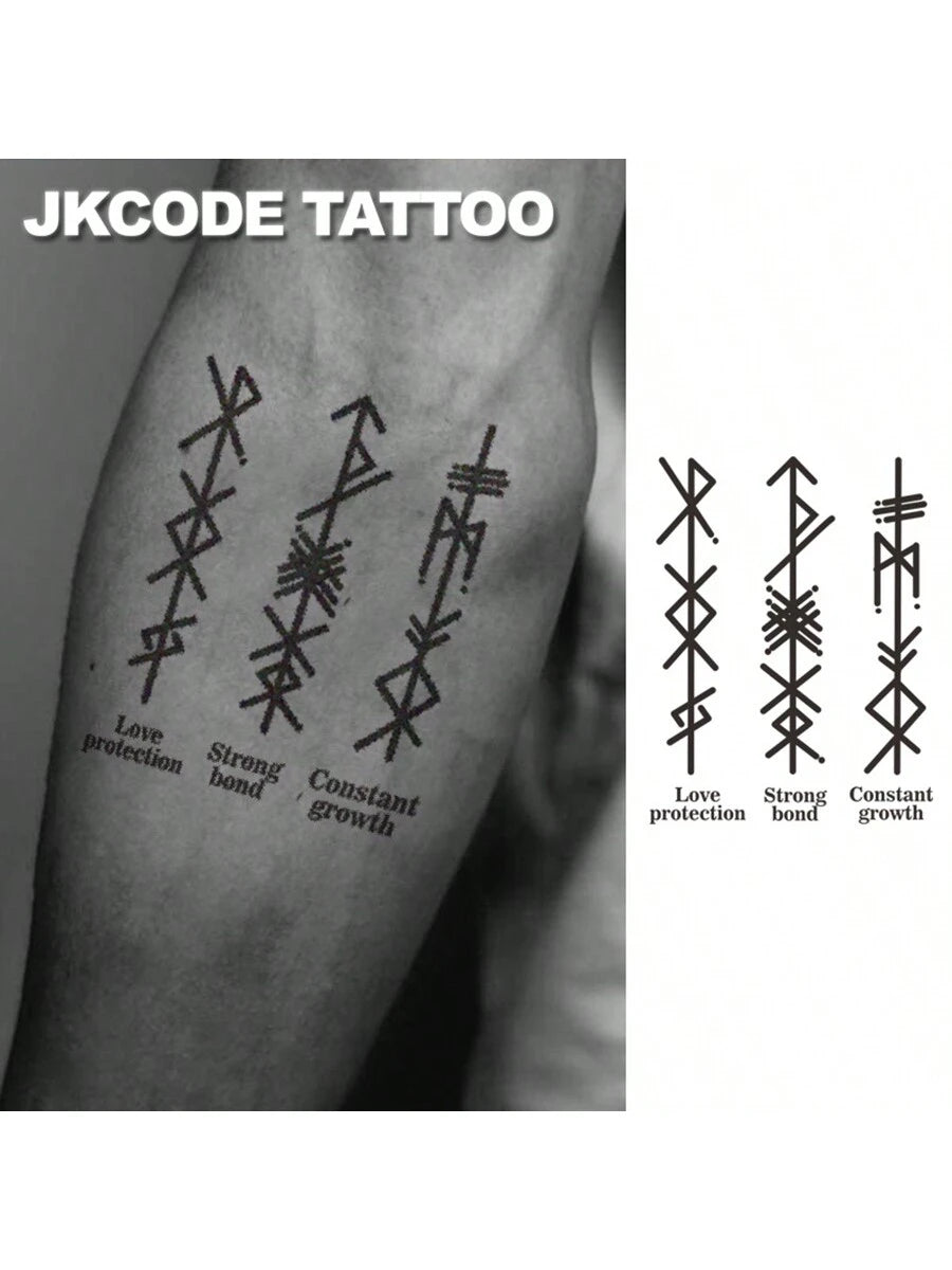 JKCODE TATTOO Ancient Viking And Peace Hieroglyphic Tattoos With "Love" And "Strong Bond" Meaning, Rockstar Finger/Hand/Neck Temporary Tattoos, Unisex, Long-Lasting Waterproof For 15 Days