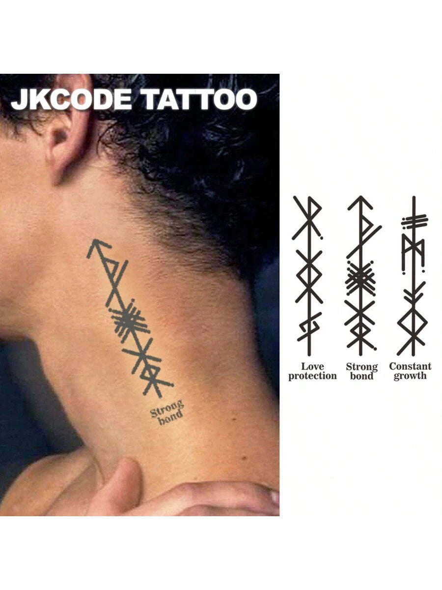 JKCODE TATTOO Ancient Viking And Peace Hieroglyphic Tattoos With "Love" And "Strong Bond" Meaning, Rockstar Finger/Hand/Neck Temporary Tattoos, Unisex, Long-Lasting Waterproof For 15 Days