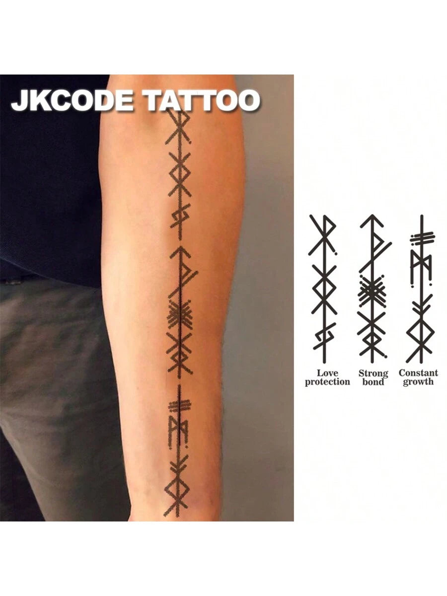 JKCODE TATTOO Ancient Viking And Peace Hieroglyphic Tattoos With "Love" And "Strong Bond" Meaning, Rockstar Finger/Hand/Neck Temporary Tattoos, Unisex, Long-Lasting Waterproof For 15 Days