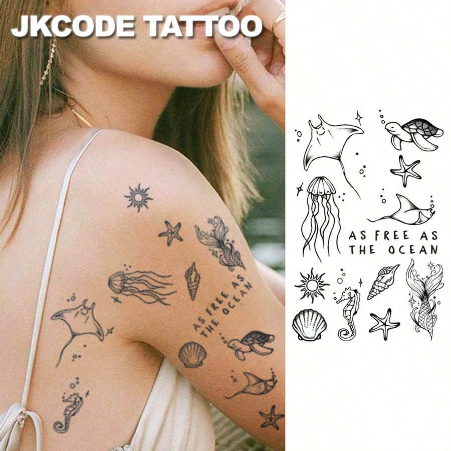 JKCODE TATTOO OCEAN MINIMAL TATTOO- Herbal Temporary Tattoo, INS Style- Ocean Theme, Island Design- Turtle, Starfish, Seashell, Jellyfish, Summer Beach- Cute Tattoo Fashion Accessory For Women, Fi