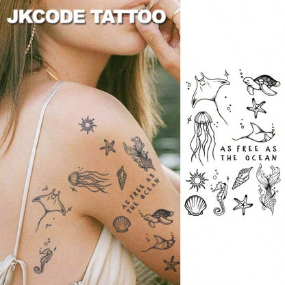 JKCODE TATTOO OCEAN MINIMAL TATTOO- Herbal Temporary Tattoo, INS Style- Ocean Theme, Island Design- Turtle, Starfish, Seashell, Jellyfish, Summer Beach- Cute Tattoo Fashion Accessory For Women, Fi