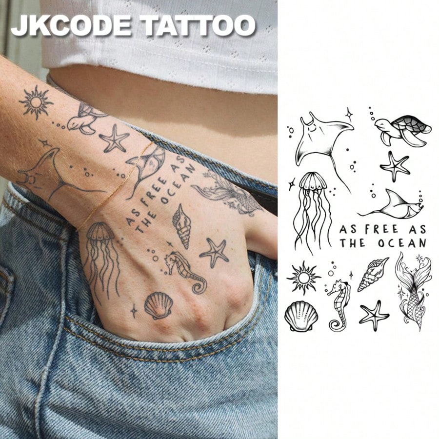 JKCODE TATTOO OCEAN MINIMAL TATTOO- Herbal Temporary Tattoo, INS Style- Ocean Theme, Island Design- Turtle, Starfish, Seashell, Jellyfish, Summer Beach- Cute Tattoo Fashion Accessory For Women, Fi