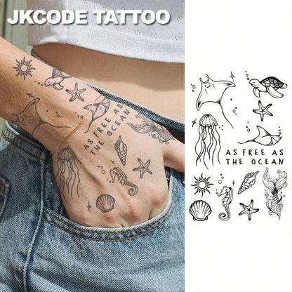 JKCODE TATTOO OCEAN MINIMAL TATTOO- Herbal Temporary Tattoo, INS Style- Ocean Theme, Island Design- Turtle, Starfish, Seashell, Jellyfish, Summer Beach- Cute Tattoo Fashion Accessory For Women, Fi