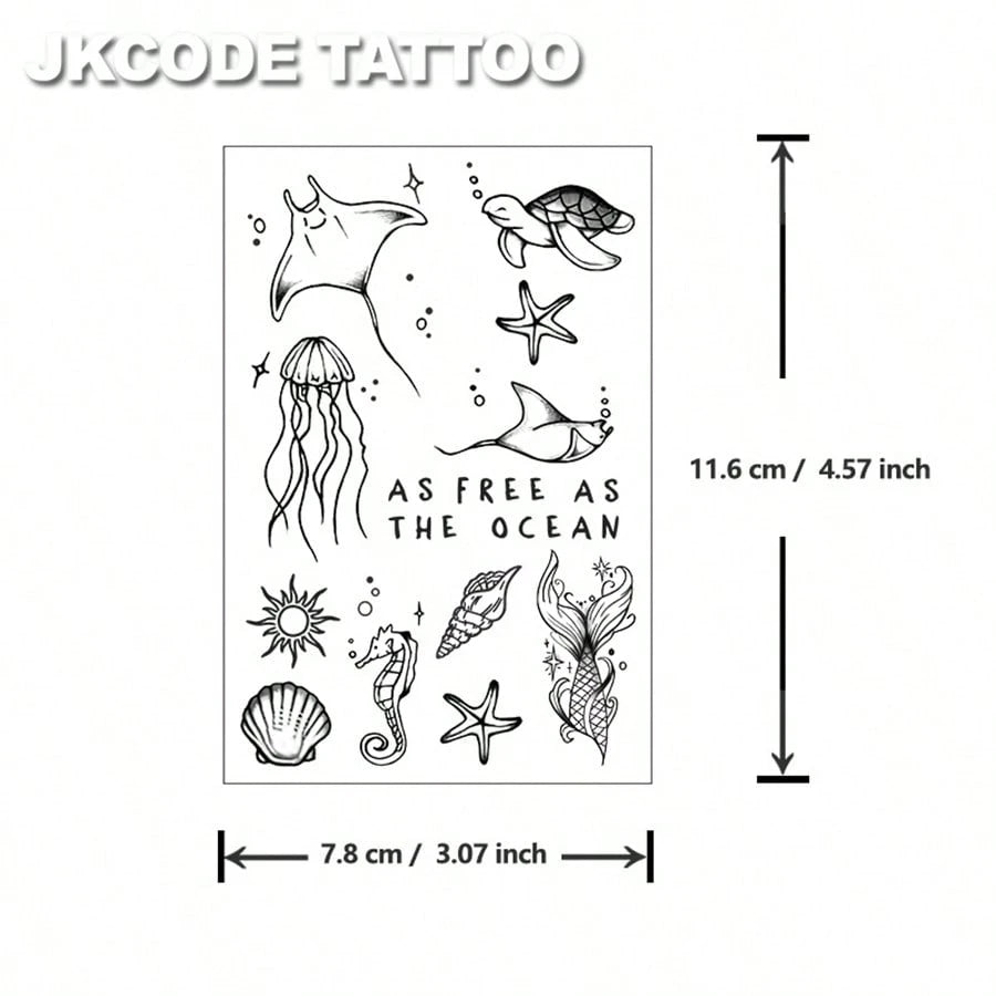 JKCODE TATTOO OCEAN MINIMAL TATTOO- Herbal Temporary Tattoo, INS Style- Ocean Theme, Island Design- Turtle, Starfish, Seashell, Jellyfish, Summer Beach- Cute Tattoo Fashion Accessory For Women, Fi