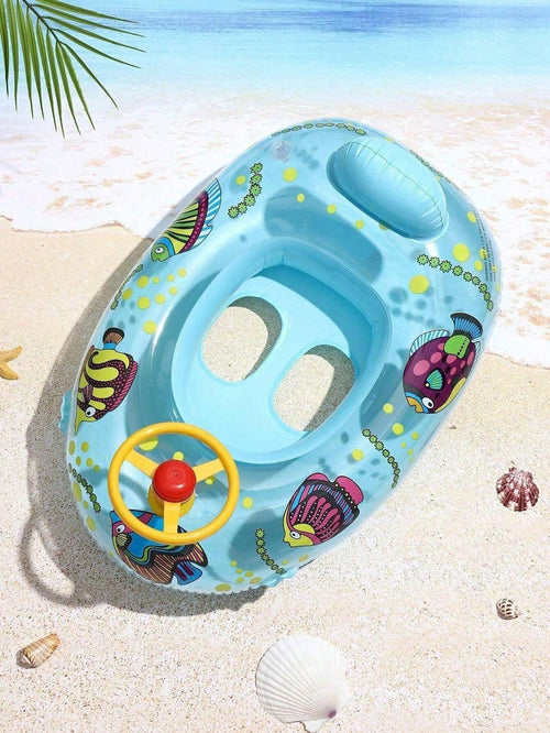 Kids Inflatable Swim Float With Steering Wheel, Steering Handle, Racing Theme Cartoon Fish Baby Pool Float Seat, Toddler Swimming Ring, PVC Material, Summer Beach Pool Water Play Boat Float, Ages 3-6