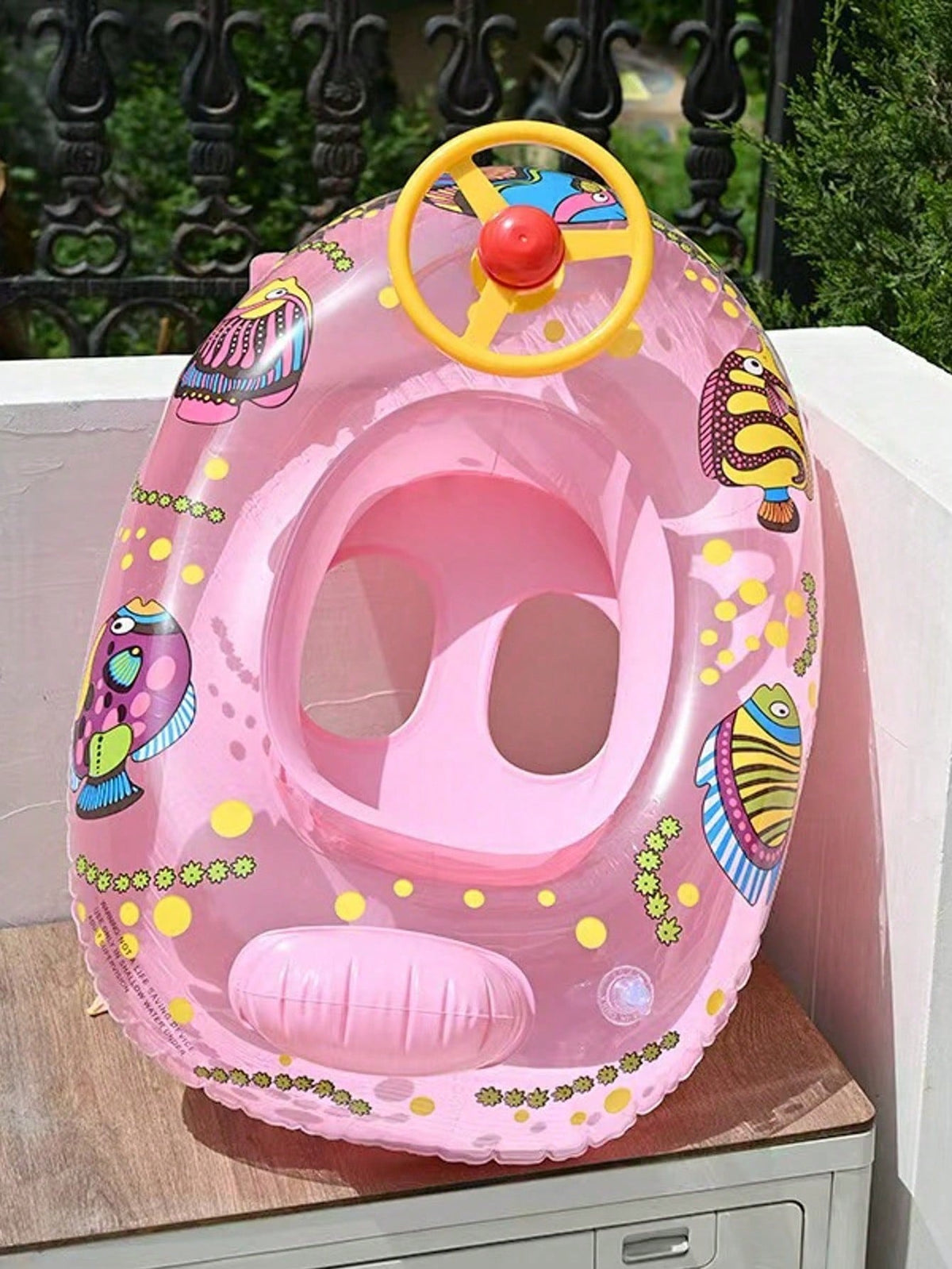 Kids Inflatable Swim Float With Steering Wheel, Steering Handle, Racing Theme Cartoon Fish Baby Pool Float Seat, Toddler Swimming Ring, PVC Material, Summer Beach Pool Water Play Boat Float, Ages 3-6