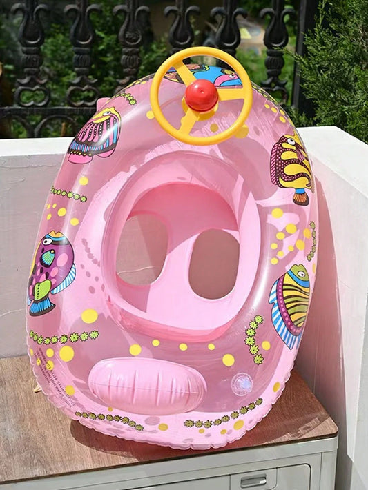 Kids Inflatable Swim Float With Steering Wheel, Cartoon Fish Baby Pool Float Seat, Toddler Swimming Ring For 1-6 Years Old, Summer Beach Pool Water Play Boat Float,Pay Attention To Drawing Dimensions.