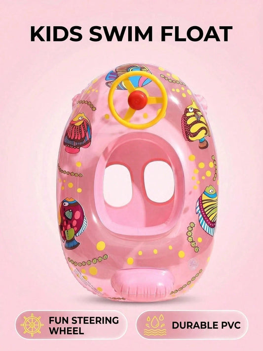 Kids Inflatable Swim Float With Steering Wheel, Cartoon Fish Baby Pool Float Seat, Toddler Swimming Ring For 1-6 Years Old, Summer Beach Pool Water Play Boat Float