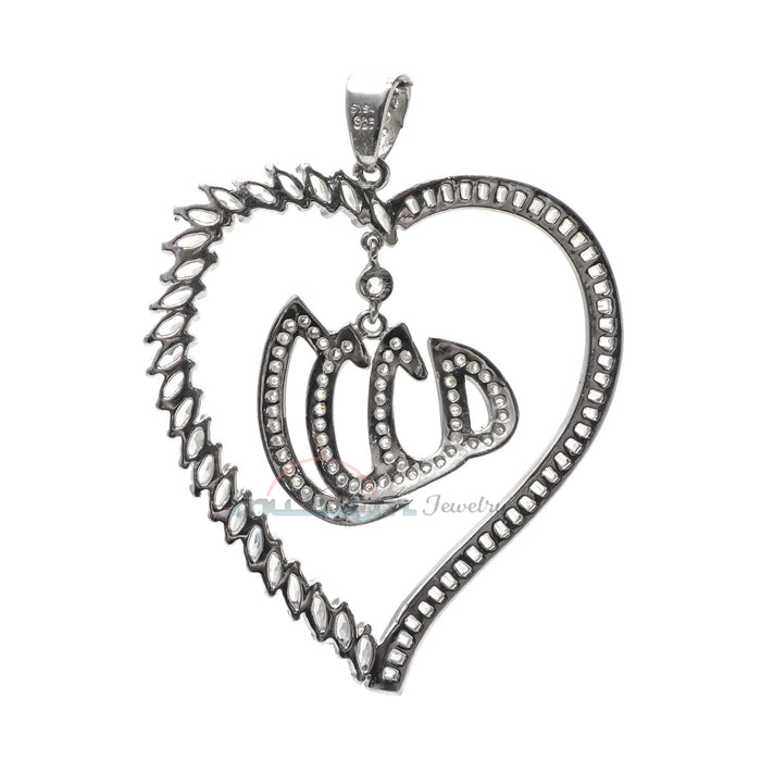 Large Allah Pendant Rhodium-Plated CZ Silver Heart Shape Design