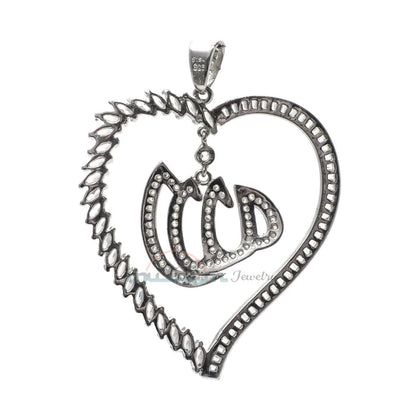 Large Allah Pendant Rhodium-Plated CZ Silver Heart Shape Design
