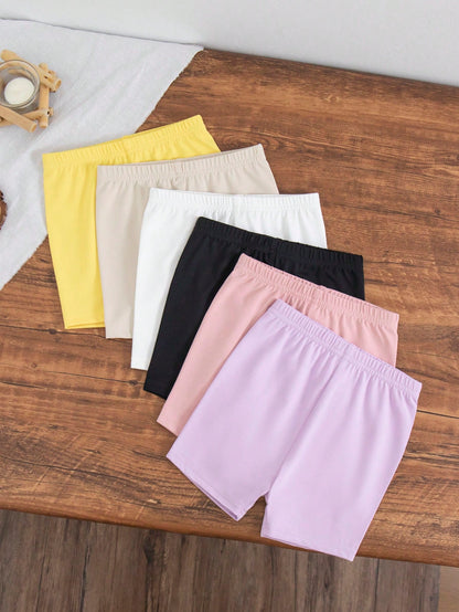 Leap Crew 6pcs Babygirl Snug Fit Solid Color Elastic Waist Knit Shorts, Versatile For Summer