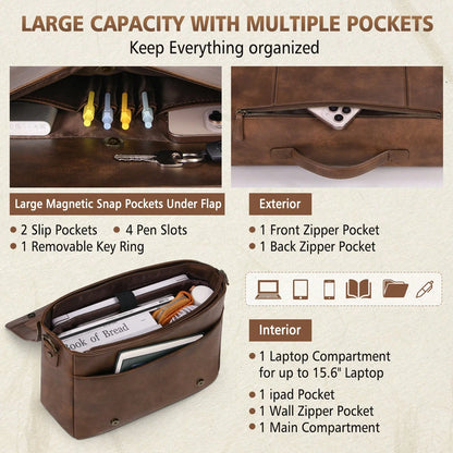 Leather Messenger Bag For Men 15.6 Inch Laptop Bag Vintage Briefcase Large Computer Bag Satchel Shoulder Bag For College,Work,Business,Office