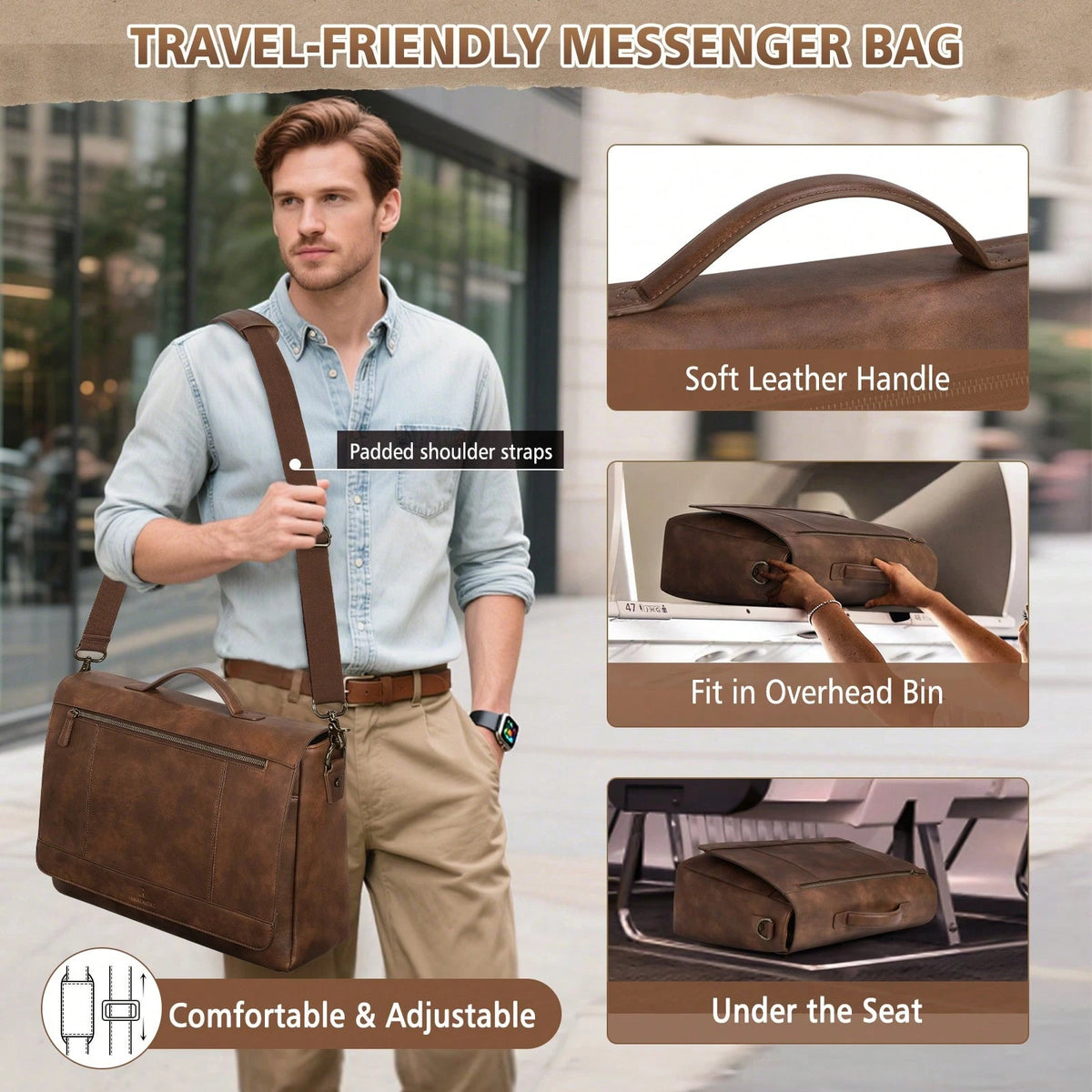 Leather Messenger Bag For Men 15.6 Inch Laptop Bag Vintage Briefcase Large Computer Bag Satchel Shoulder Bag For College,Work,Business,Office