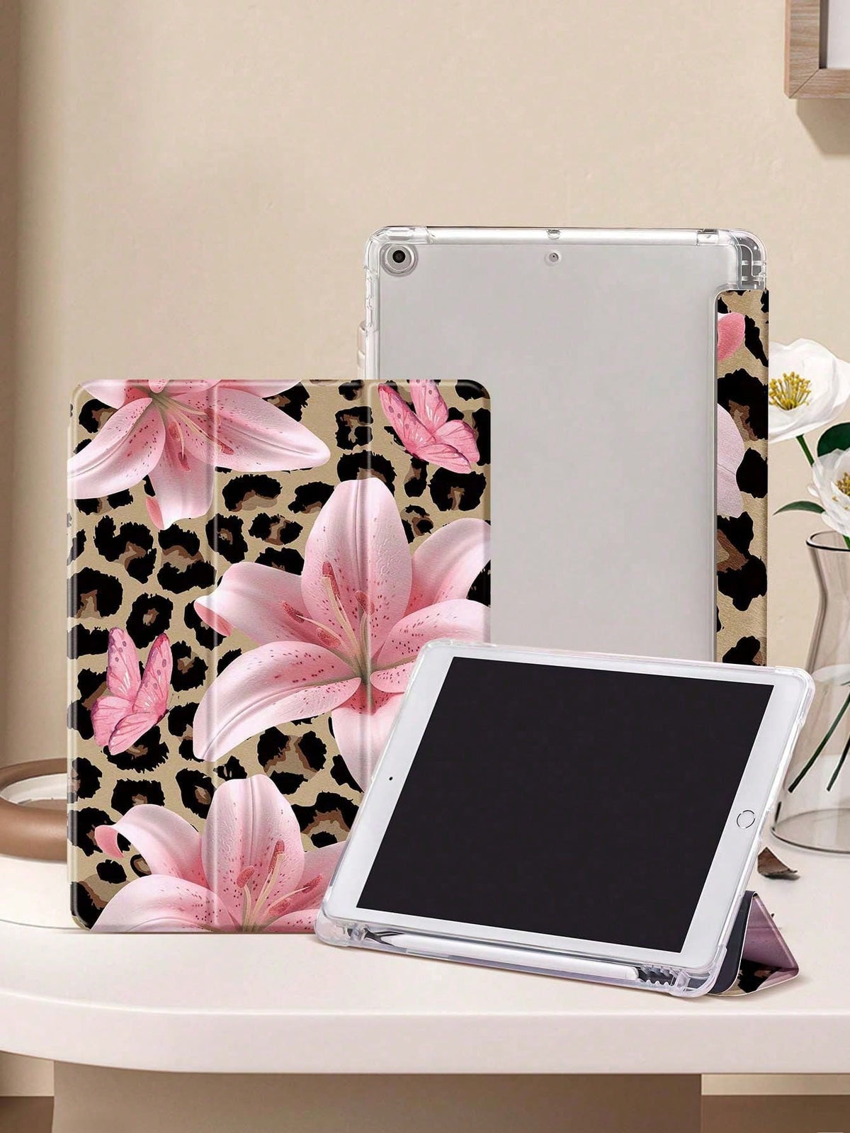 Leopard Lily Flower Pattern Compatible With Protective Case, Compatible With Air 4/5 (10.9 Inch), Compatible With 7/8/9 (10.2 Inch), Built-In Pencil Slot, Also Fits Tab S6 (10.4 Inch), Tab A7 Lite