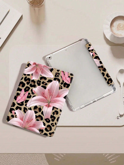 Leopard Lily Flower Pattern Compatible With Protective Case, Compatible With Air 4/5 (10.9 Inch), Compatible With 7/8/9 (10.2 Inch), Built-In Pencil Slot, Also Fits Tab S6 (10.4 Inch), Tab A7 Lite