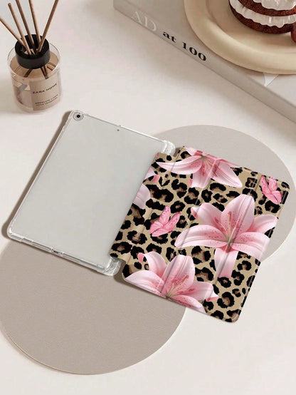 Leopard Lily Flower Pattern Compatible With Protective Case, Compatible With Air 4/5 (10.9 Inch), Compatible With 7/8/9 (10.2 Inch), Built-In Pencil Slot, Also Fits Tab S6 (10.4 Inch), Tab A7 Lite