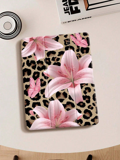 Leopard Lily Flower Pattern Compatible With Protective Case, Compatible With Air 4/5 (10.9 Inch), Compatible With 7/8/9 (10.2 Inch), Built-In Pencil Slot, Also Fits Tab S6 (10.4 Inch), Tab A7 Lite