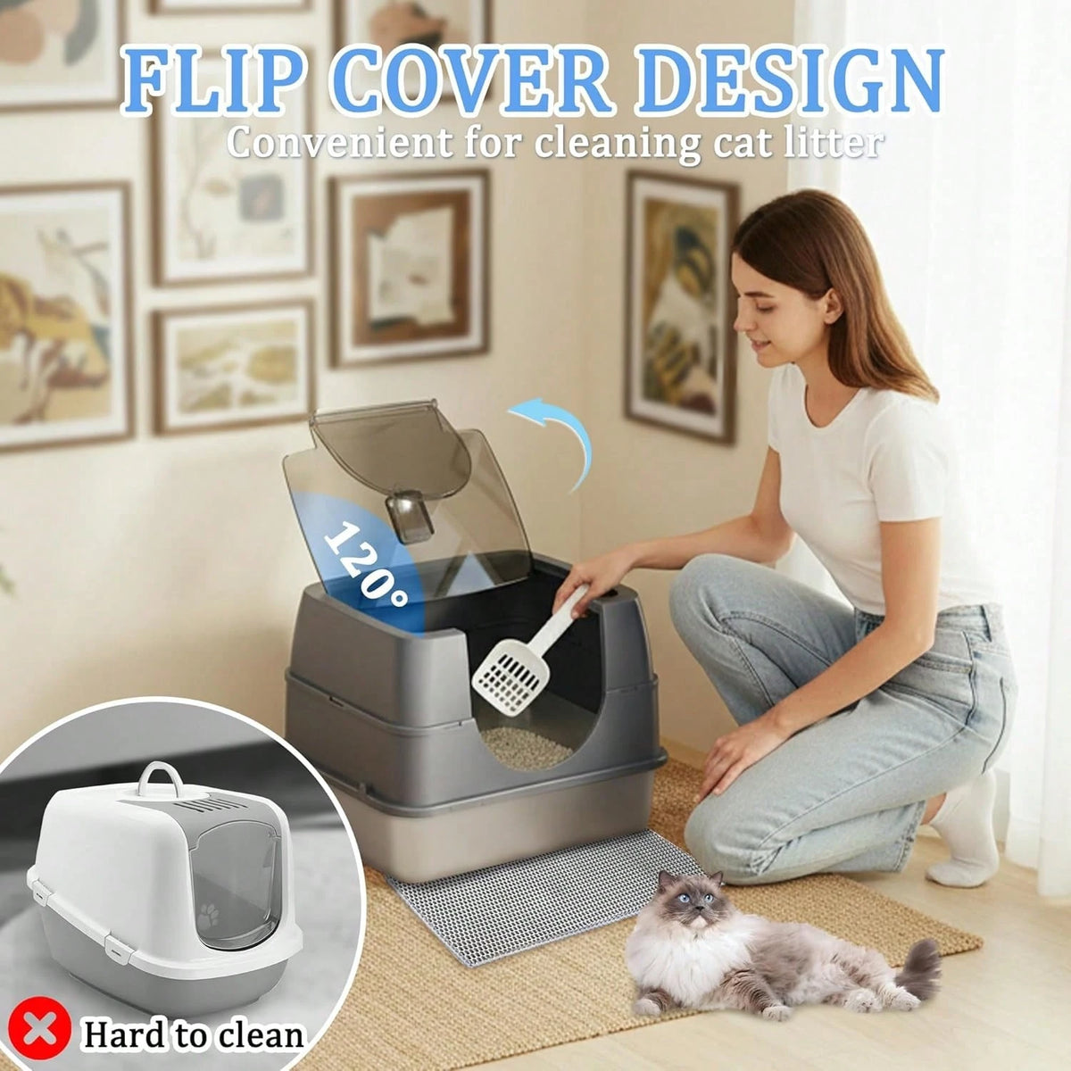 Litter Box With Lid, Stainless Steel Litter Box, Small Litter Pan For Kittens, Enclosed Cat Litter Pan, Non-Sticky Covered, Easy Clean