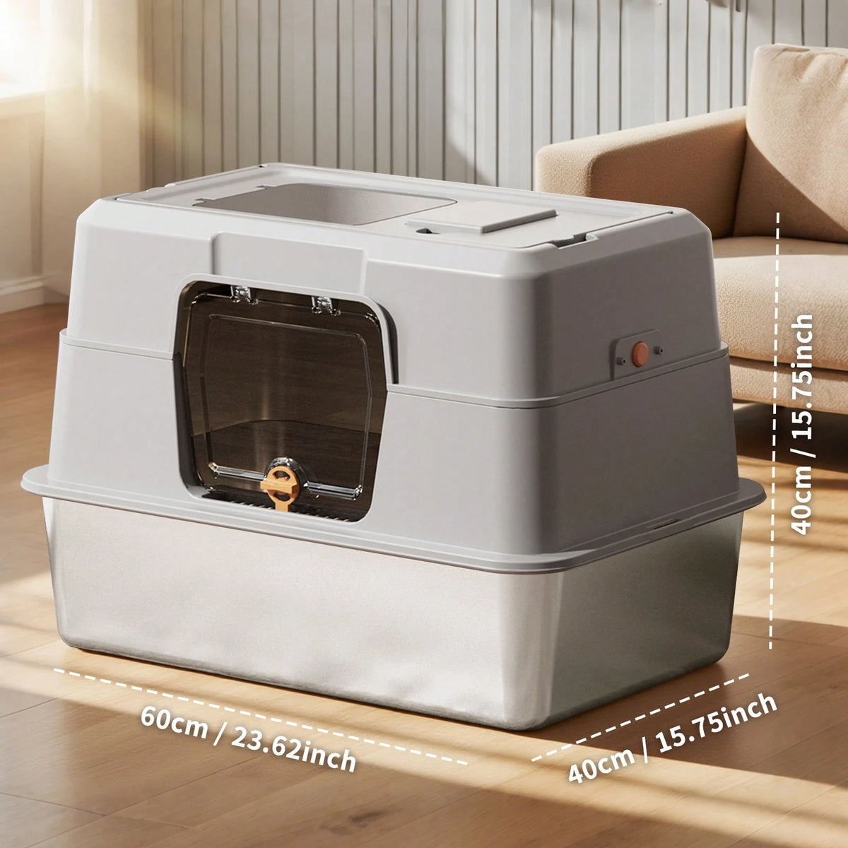 Litter Box With Lid, Stainless Steel Litter Box, Small Litter Pan For Kittens, Enclosed Cat Litter Pan, Non-Sticky Covered, Easy Clean