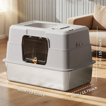 Litter Box With Lid, Stainless Steel Litter Box, Small Litter Pan For Kittens, Enclosed Cat Litter Pan, Non-Sticky Covered, Easy Clean