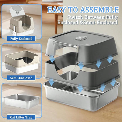 Litter Box With Lid, Stainless Steel Litter Box, Small Litter Pan For Kittens, Enclosed Cat Litter Pan, Non-Sticky Covered, Easy Clean