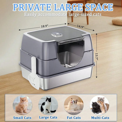 Litter Box With Lid, Stainless Steel Litter Box, Small Litter Pan For Kittens, Enclosed Cat Litter Pan, Non-Sticky Covered, Easy Clean