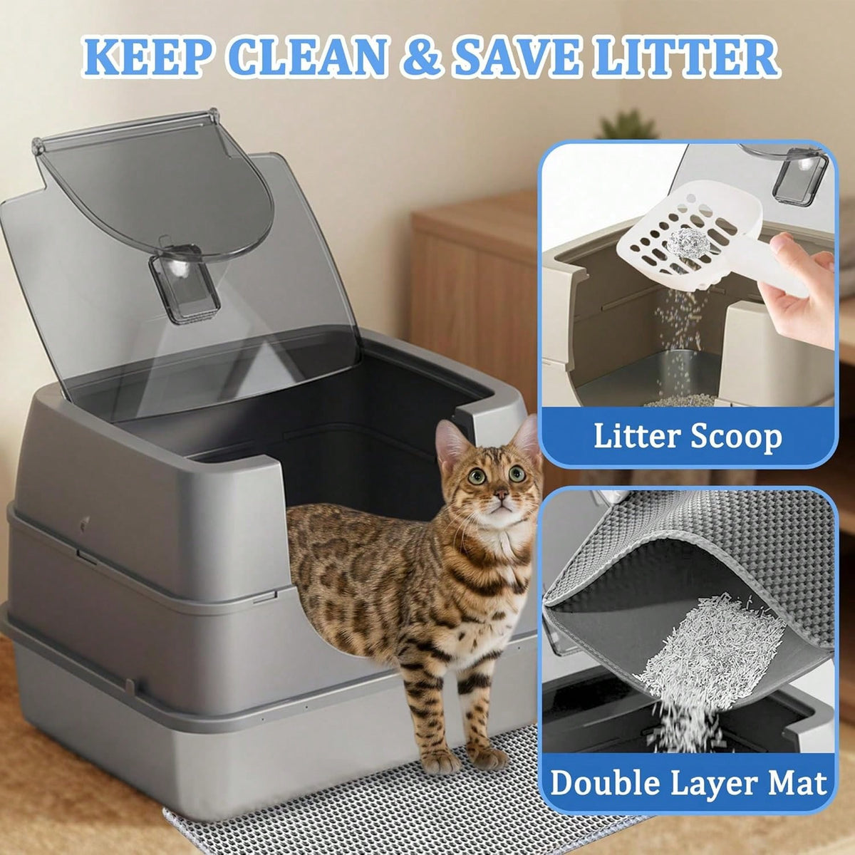 Litter Box With Lid, Stainless Steel Litter Box, Small Litter Pan For Kittens, Enclosed Cat Litter Pan, Non-Sticky Covered, Easy Clean