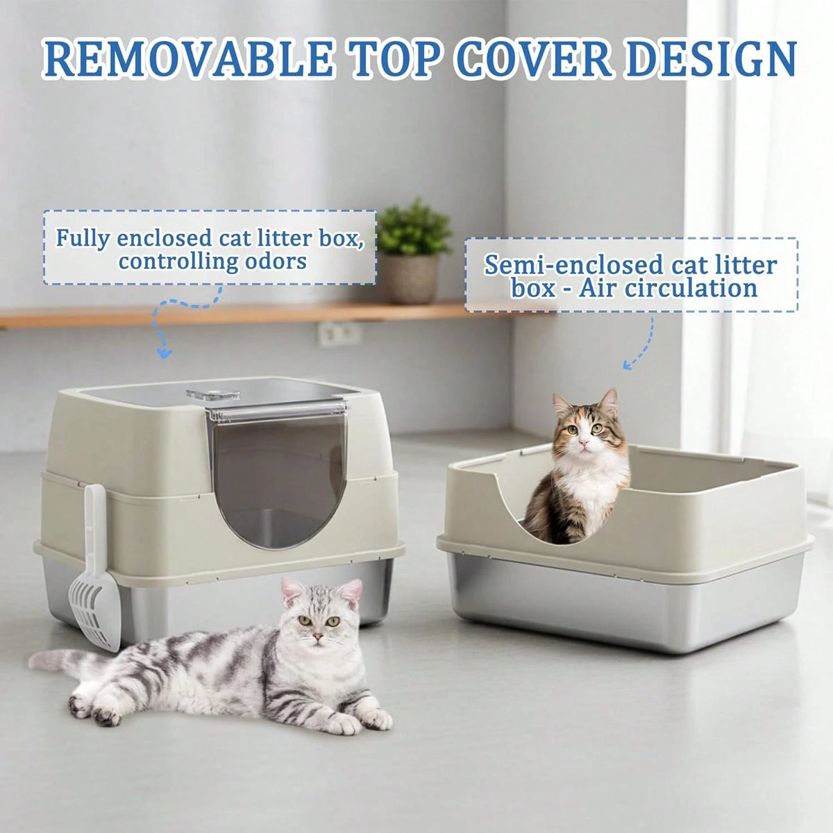 Litter Box With Lid, Stainless Steel Litter Box, Small Litter Pan For Kittens, Enclosed Cat Litter Pan, Non-Sticky Covered, Easy Clean