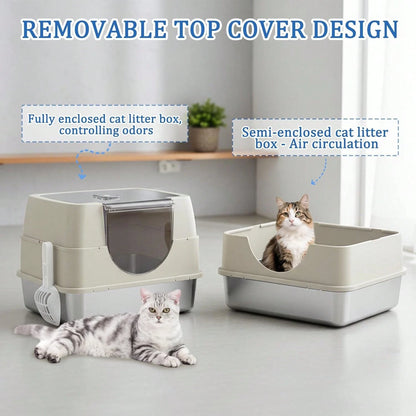 Litter Box With Lid, Stainless Steel Litter Box, Small Litter Pan For Kittens, Enclosed Cat Litter Pan, Non-Sticky Covered, Easy Clean