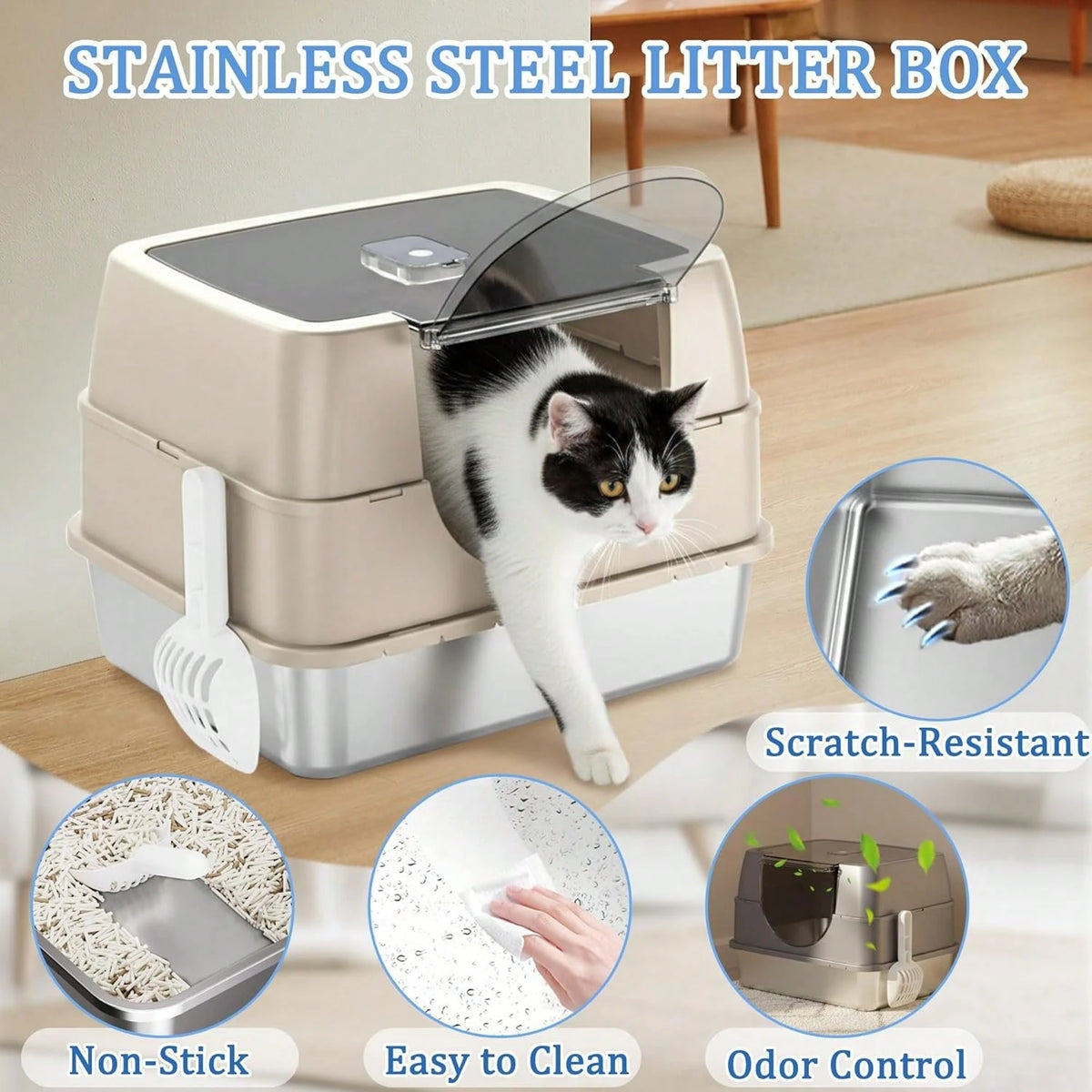 Litter Box With Lid, Stainless Steel Litter Box, Small Litter Pan For Kittens, Enclosed Cat Litter Pan, Non-Sticky Covered, Easy Clean
