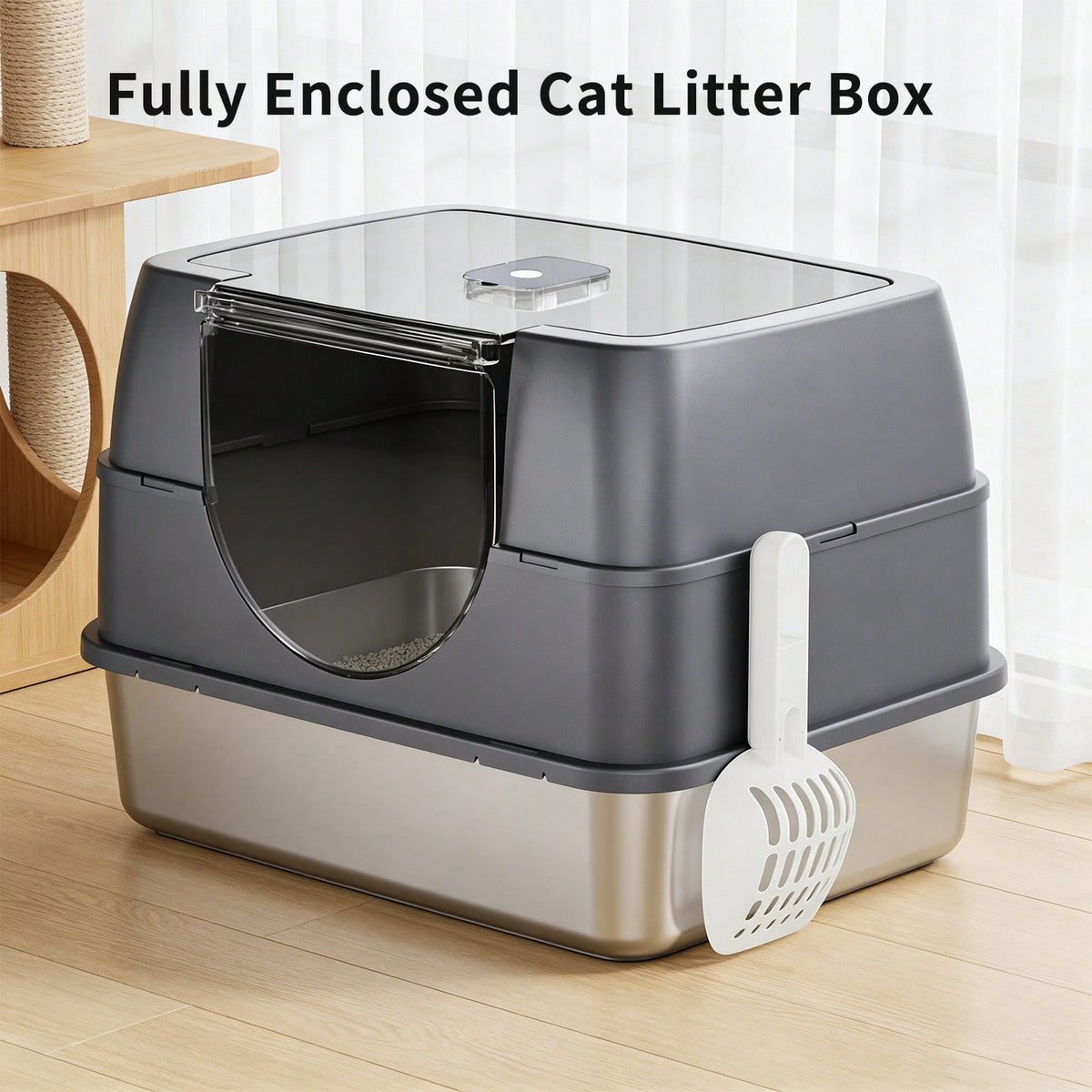 Litter Box With Lid, Stainless Steel Litter Box, Small Litter Pan For Kittens, Enclosed Cat Litter Pan, Non-Sticky Covered, Easy Clean
