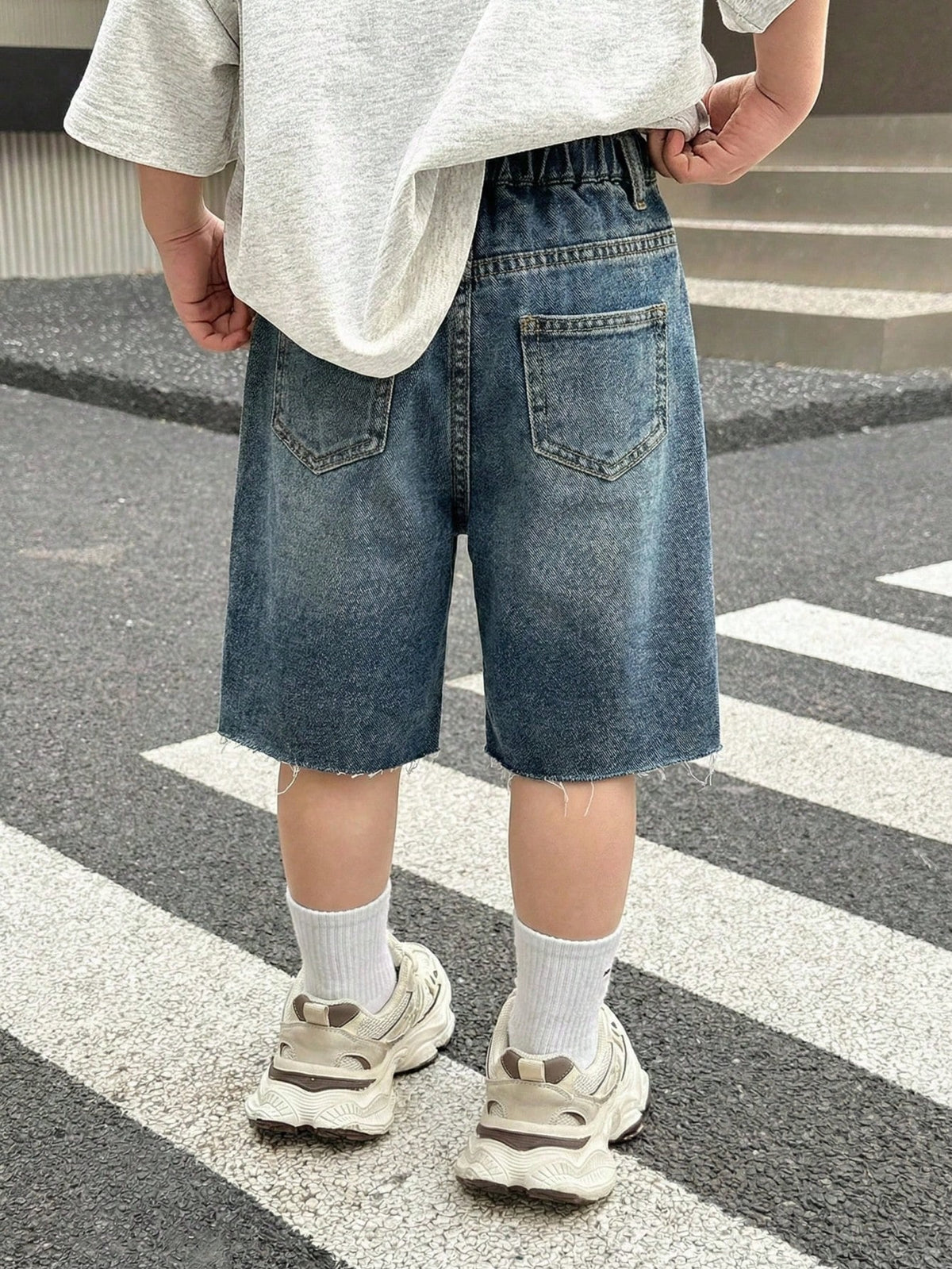 Little Byeori Young Boy New Fashion Distressed Retro Vintage Washed Casual Soft Basic Simple Loose Fit Navy Blue Denim Wide Leg Baggy Capri Jeans Spring Summer,For Kids Boys Spring/Summer Dailyw