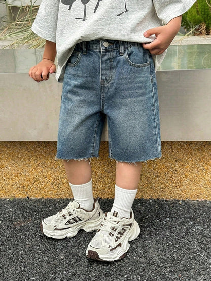 Little Byeori Young Boy New Fashion Distressed Retro Vintage Washed Casual Soft Basic Simple Loose Fit Navy Blue Denim Wide Leg Baggy Capri Jeans Spring Summer,For Kids Boys Spring/Summer Dailyw
