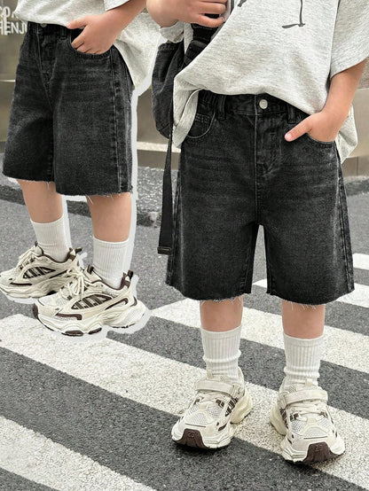 Little Byeori Young Boy New Fashion Distressed Retro Vintage Washed Casual Soft Basic Simple Loose Fit Navy Blue Denim Wide Leg Baggy Capri Jeans Spring Summer,For Kids Boys Spring/Summer Dailyw