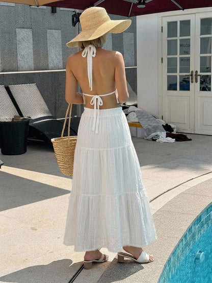 Livesso Women's Solid Color Backless Halter Top & Skirt Beach Cover-Up Set Summer