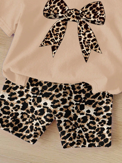 LMoss Kids Vintage Leopard Bow, Baby Girl Casual Minimalist Round Neck Short Sleeve T-Shirt And Tight Shorts Set, Suitable For Spring/Summer