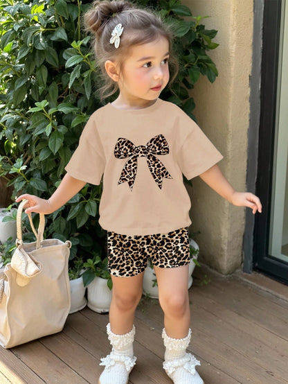 LMoss Kids Vintage Leopard Bow, Baby Girl Casual Minimalist Round Neck Short Sleeve T-Shirt And Tight Shorts Set, Suitable For Spring/Summer